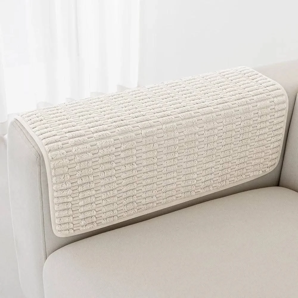 Textured Cream Sofa Armrest Cover And Matching Couch Runner With Puff Balls